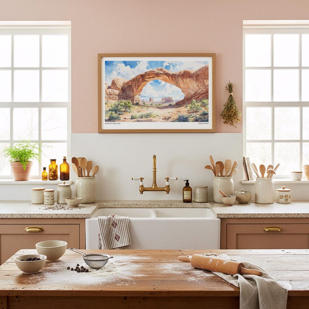 05 - Framed Arches National Park Watercolor - Horizontal Art Print in Farmhouse style Kitchen.jpg 05 - Framed Arches National Park Watercolor - Horizontal Art Print in Farmhouse style Kitchen.jpg