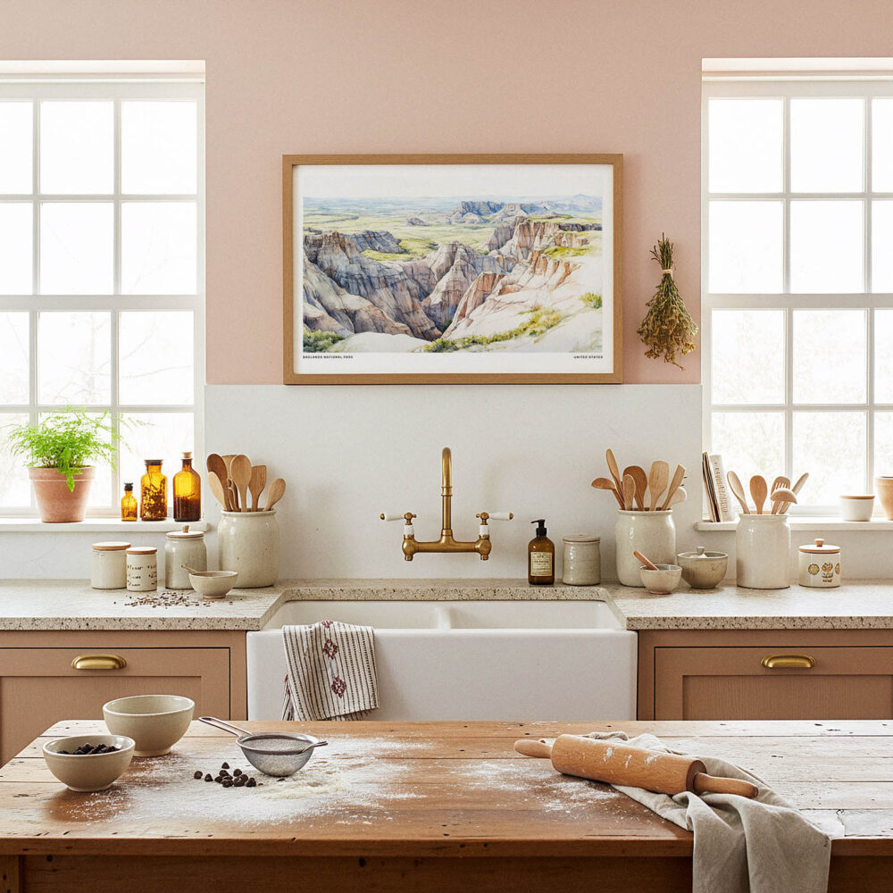 05 - Framed Badlands National Park Watercolor - Horizontal Art Print in Farmhouse style Kitchen.jpg 05 - Framed Badlands National Park Watercolor - Horizontal Art Print in Farmhouse style Kitchen.jpg