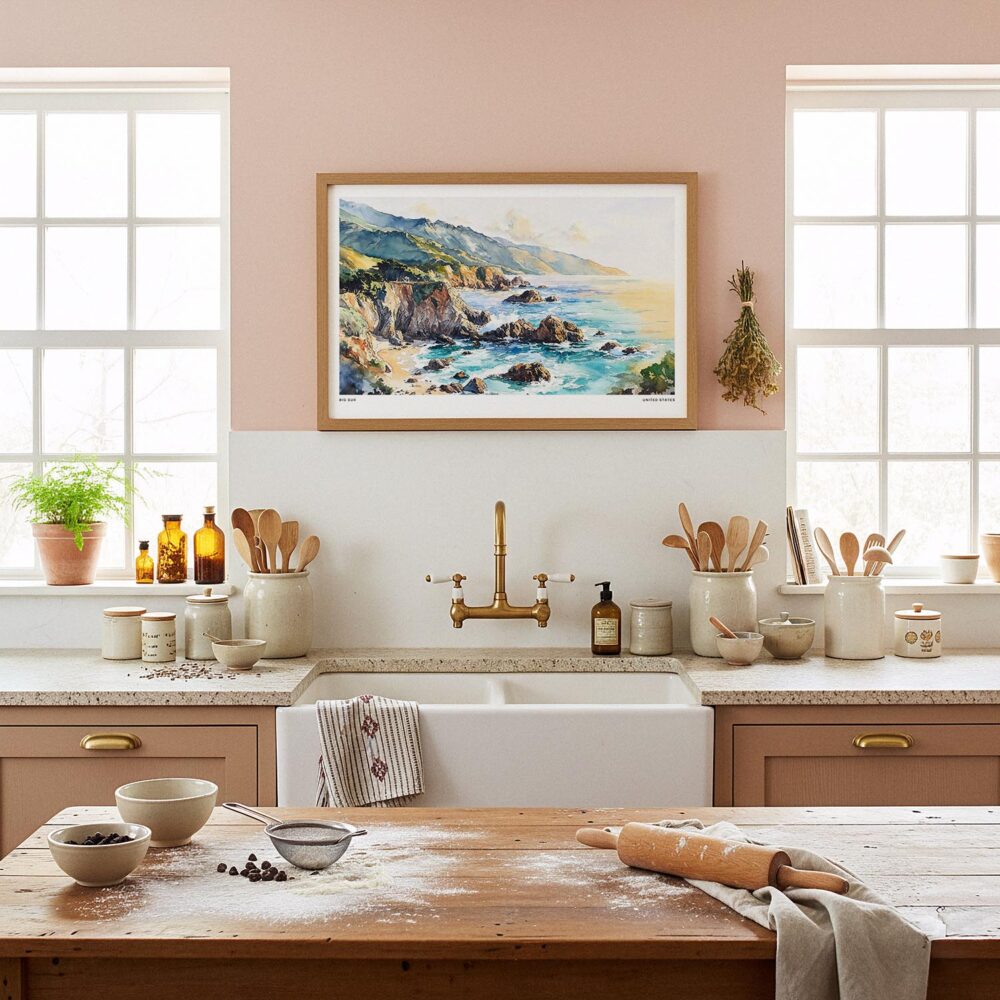 05 - Framed Big Sur Watercolor - Horizontal Art Print in Farmhouse style Kitchen.jpg 05 - Framed Big Sur Watercolor - Horizontal Art Print in Farmhouse style Kitchen.jpg