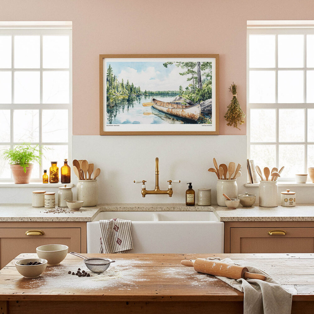05 - Framed Boundary Waters Watercolor - Horizontal Art Print in Farmhouse style Kitchen.jpg 05 - Framed Boundary Waters Watercolor - Horizontal Art Print in Farmhouse style Kitchen.jpg