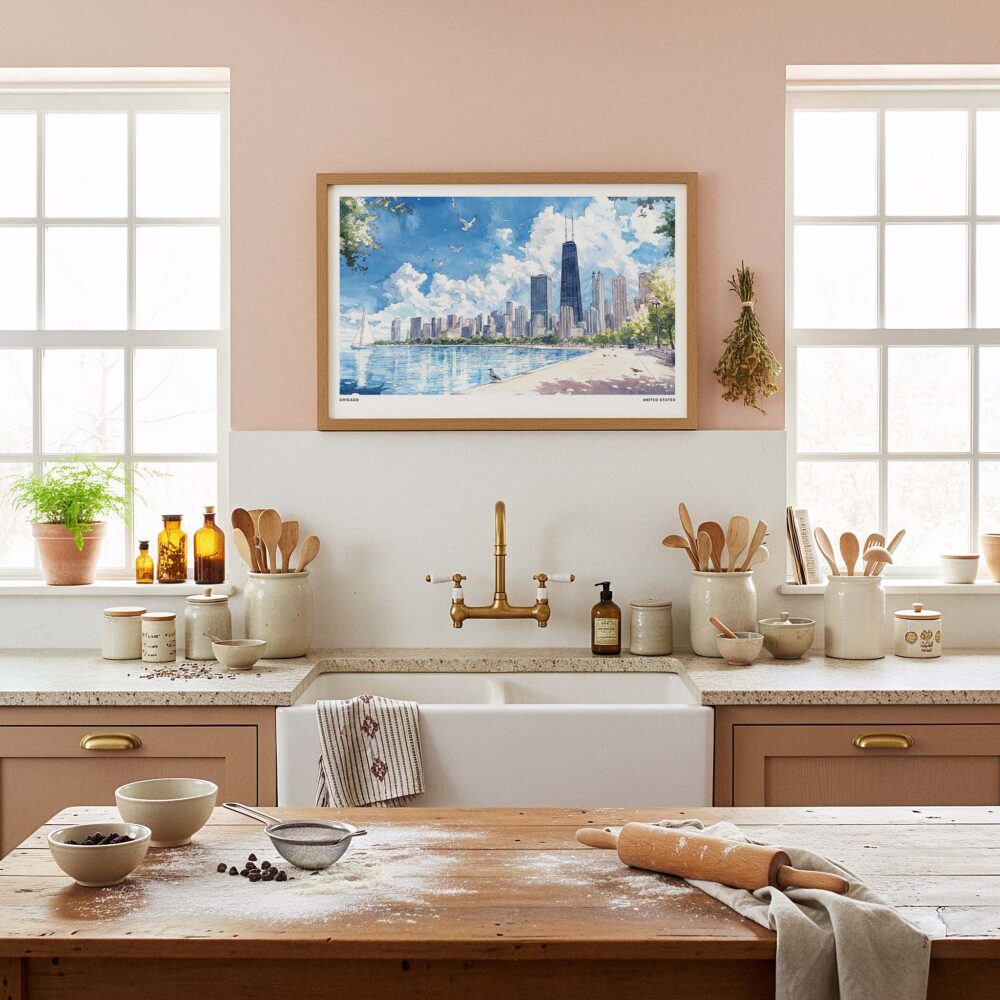 05 - Framed Chicago Skyline Watercolor Art - Horizontal Art Print in Farmhouse style Kitchen.jpg 05 - Framed Chicago Skyline Watercolor Art - Horizontal Art Print in Farmhouse style Kitchen.jpg