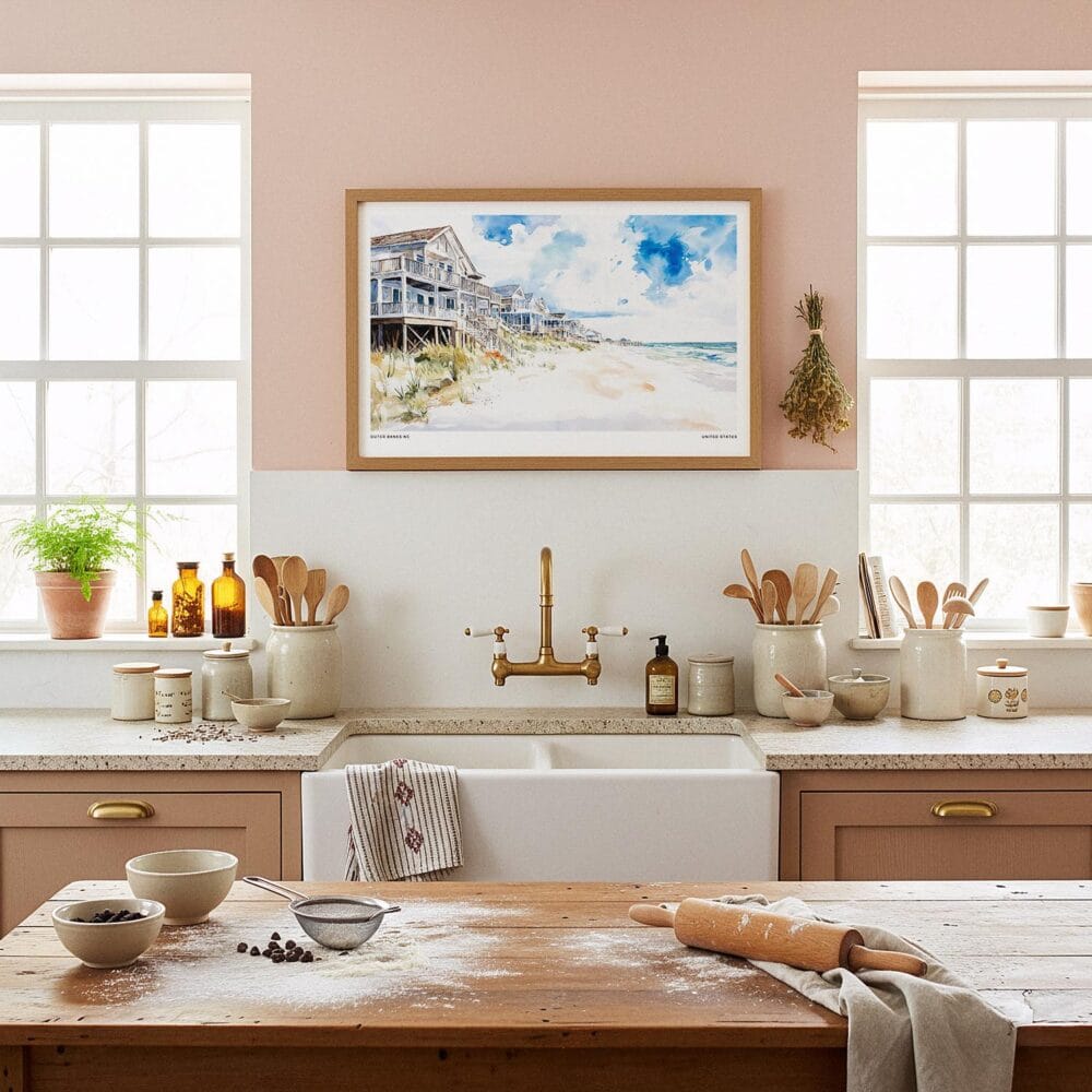 05 - Framed Cottages at Outer Banks NC Watercolor - Horizontal Art Print in Farmhouse style Kitchen.jpg 05 - Framed Cottages at Outer Banks NC Watercolor - Horizontal Art Print in Farmhouse style Kitchen.jpg