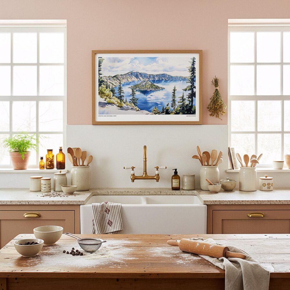 05 - Framed Crater Lake National Park Watercolor - Horizontal Art Print in Farmhouse style Kitchen.jpg 05 - Framed Crater Lake National Park Watercolor - Horizontal Art Print in Farmhouse style Kitchen.jpg
