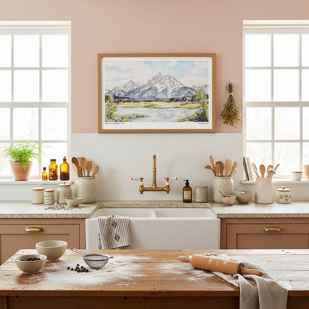 05 - Framed Grand Teton National Park Watercolor - Horizontal Art Print in Farmhouse style Kitchen.jpg 05 - Framed Grand Teton National Park Watercolor - Horizontal Art Print in Farmhouse style Kitchen.jpg