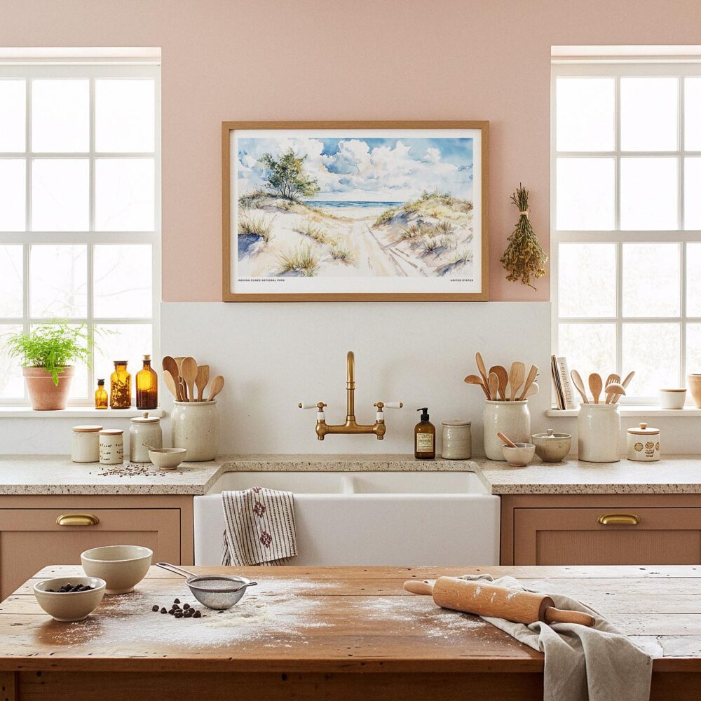 05 - Framed Indiana Dunes National Park Watercolor - Horizontal Art Print in Farmhouse style Kitchen.jpg 05 - Framed Indiana Dunes National Park Watercolor - Horizontal Art Print in Farmhouse style Kitchen.jpg