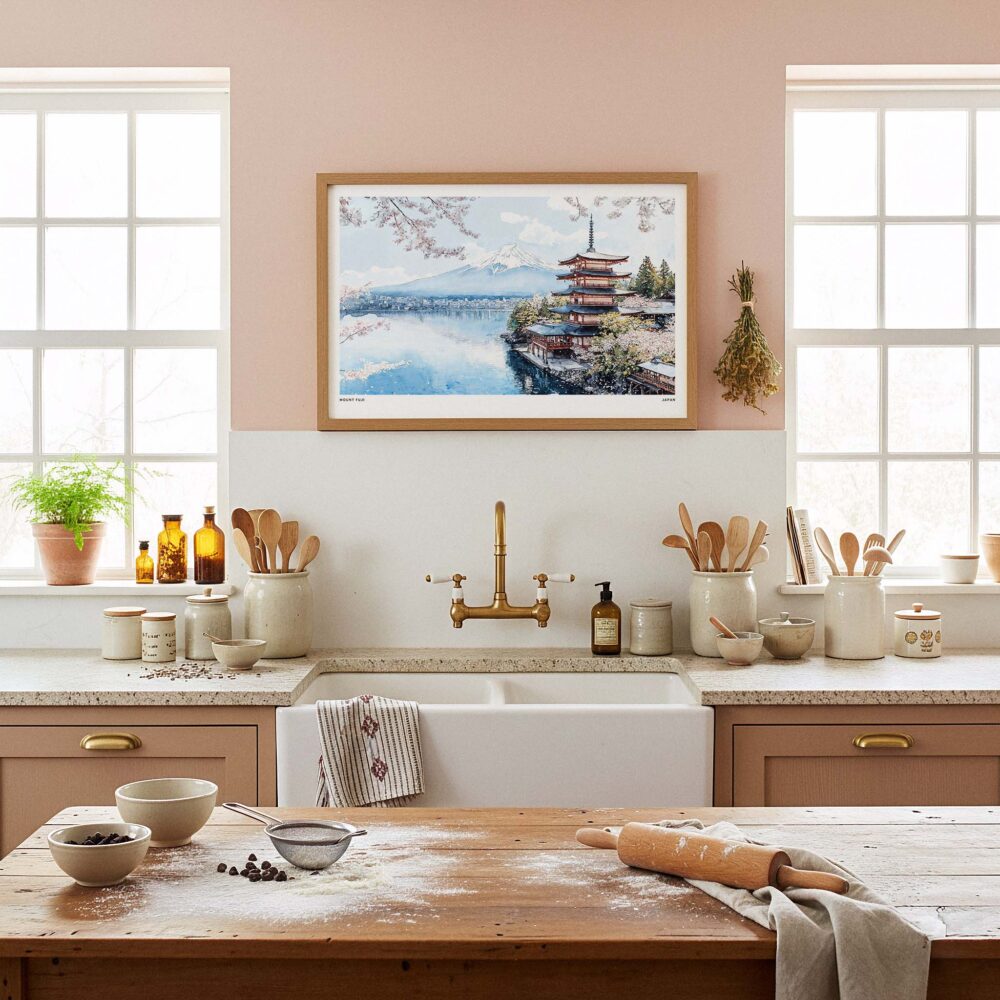 05 - Framed Japan Mount Fuji Watercolor Art - Horizontal Art Print in Farmhouse style Kitchen - Horizontal.jpg 05 - Framed Japan Mount Fuji Watercolor Art - Horizontal Art Print in Farmhouse style Kitchen - Horizontal.jpg