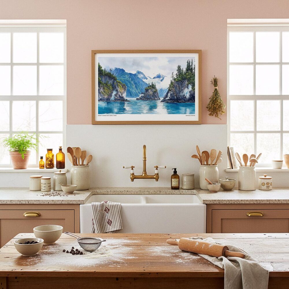 05 - Framed Kenai Fjords National Park Watercolor - Horizontal Art Print in Farmhouse style Kitchen.jpg 05 - Framed Kenai Fjords National Park Watercolor - Horizontal Art Print in Farmhouse style Kitchen.jpg