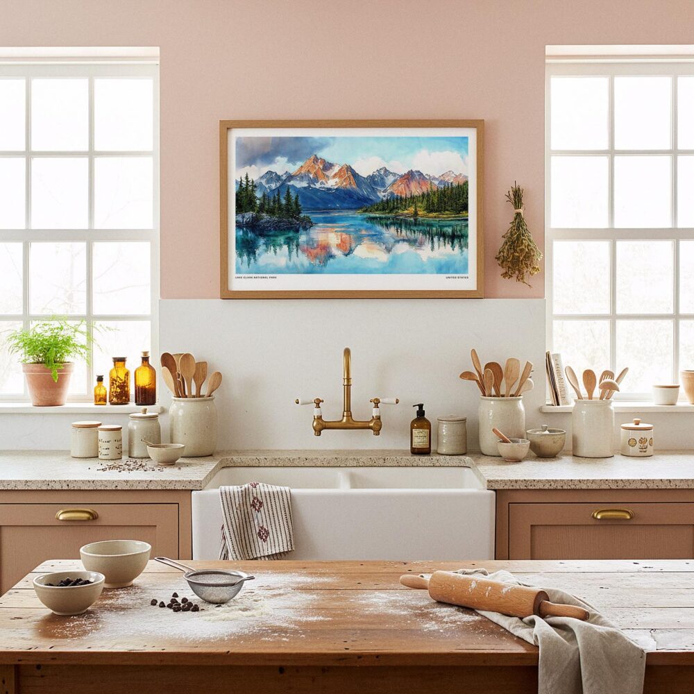 05 - Framed Lake Clark National Park Watercolor - Horizontal Art Print in Farmhouse style Kitchen.jpg 05 - Framed Lake Clark National Park Watercolor - Horizontal Art Print in Farmhouse style Kitchen.jpg
