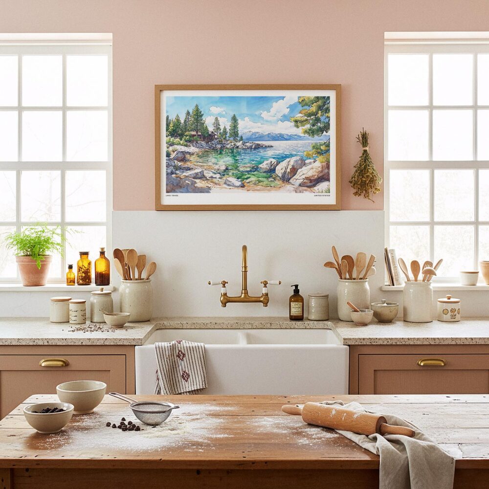 05 - Framed Lake Tahoe Watercolor - Horizontal Art Print in Farmhouse style Kitchen.jpg 05 - Framed Lake Tahoe Watercolor - Horizontal Art Print in Farmhouse style Kitchen.jpg