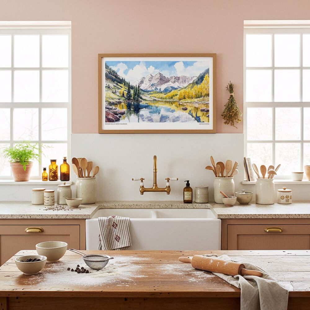 05 - Framed Maroon Bells Aspen CO Watercolor - Horizontal Art Print in Farmhouse style Kitchen.jpg 05 - Framed Maroon Bells Aspen CO Watercolor - Horizontal Art Print in Farmhouse style Kitchen.jpg