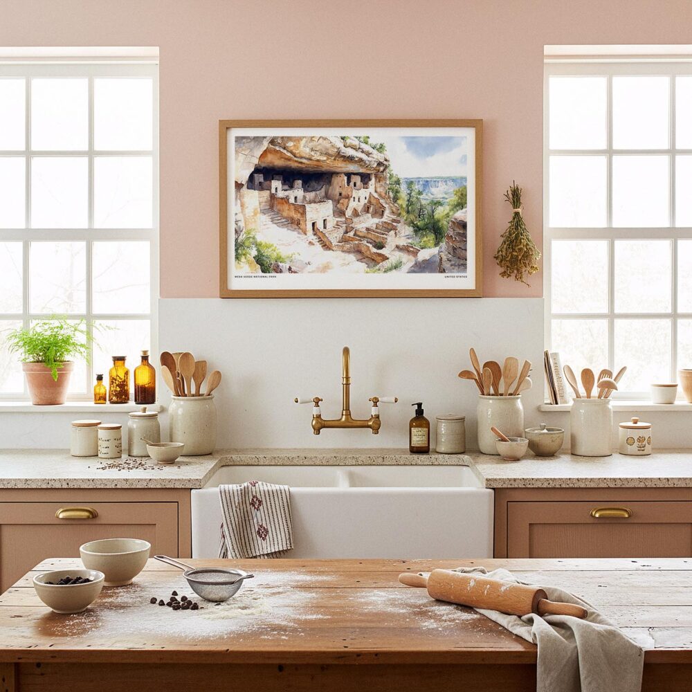 05 - Framed Mesa Verde National Park Watercolor - Horizontal Art Print in Farmhouse style Kitchen.jpg 05 - Framed Mesa Verde National Park Watercolor - Horizontal Art Print in Farmhouse style Kitchen.jpg