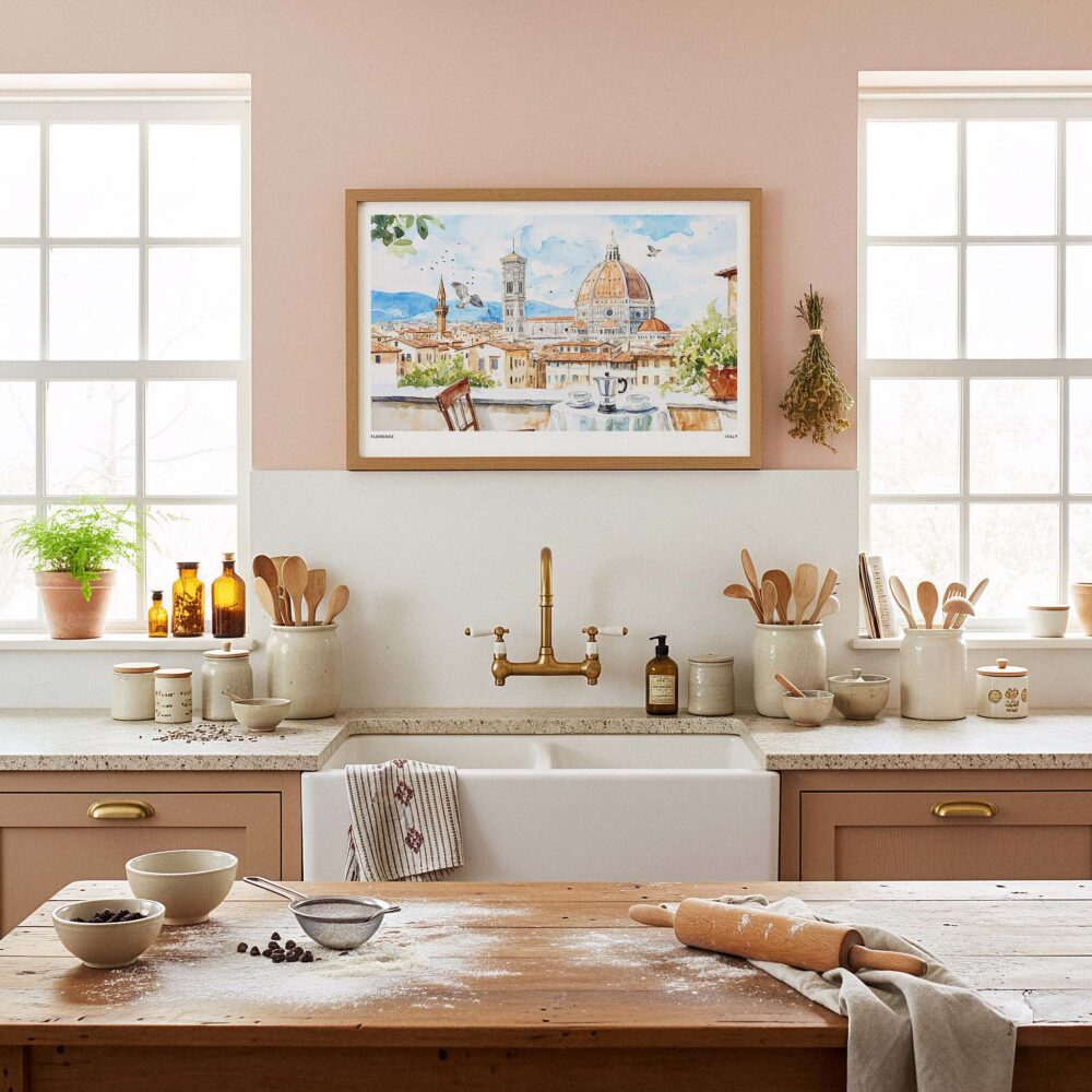 05 - Framed Morning Coffee in Florence Italy with Cathedral Watercolor Art - Horizontal Art Print in Farmhouse style Kitchen.jpg 05 - Framed Morning Coffee in Florence Italy with Cathedral Watercolor Art - Horizontal Art Print in Farmhouse style Kitchen.jpg