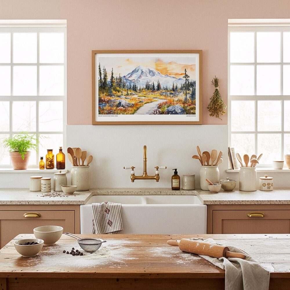 05 - Framed Mount Rainier National Park Watercolor - Horizontal Art Print in Farmhouse style Kitchen.jpg 05 - Framed Mount Rainier National Park Watercolor - Horizontal Art Print in Farmhouse style Kitchen.jpg