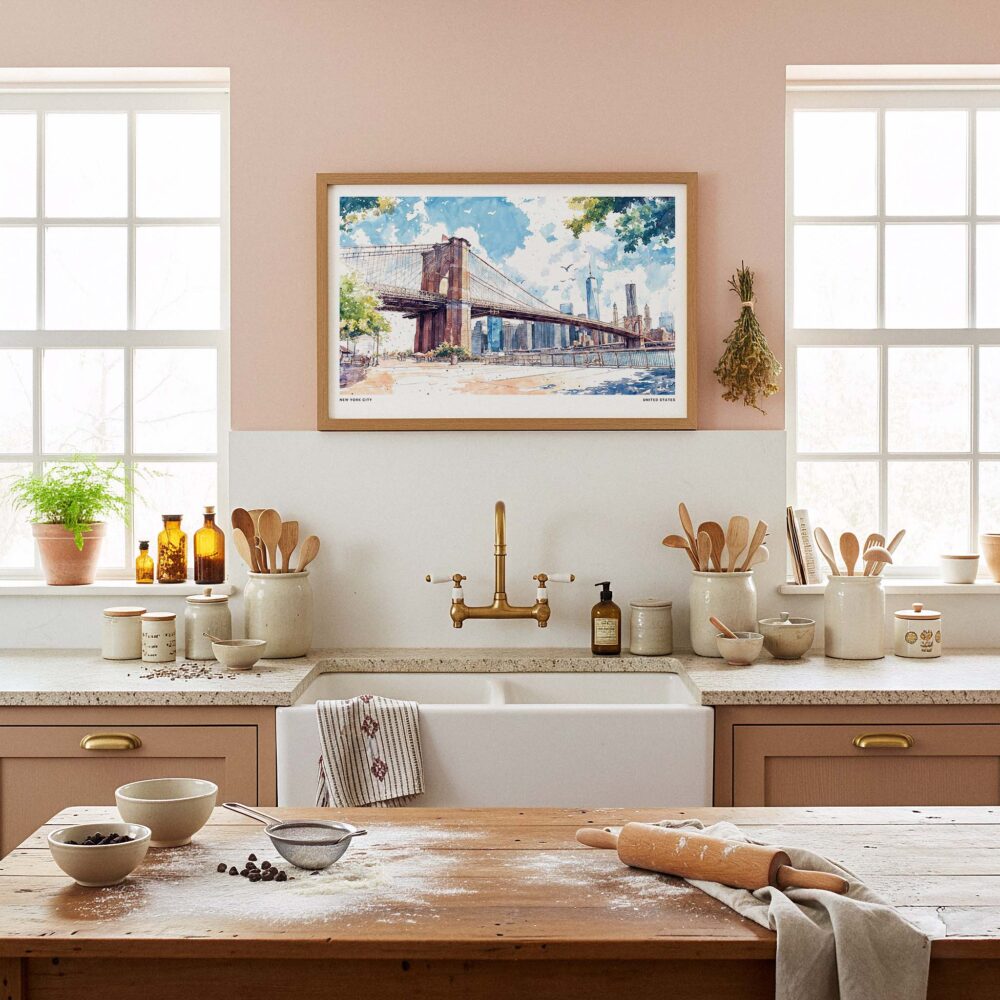 05 - Framed NYC Brooklyn Bridge Watercolor Art - Horizontal Art Print in Farmhouse style Kitchen - Horizontal.jpg 05 - Framed NYC Brooklyn Bridge Watercolor Art - Horizontal Art Print in Farmhouse style Kitchen - Horizontal.jpg