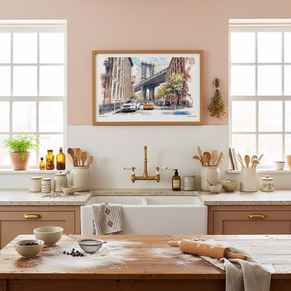 05 - Framed NYC Manhattan Bridge Watercolor Art - Horizontal Art Print in Farmhouse style Kitchen - Horizontal.jpg 05 - Framed NYC Manhattan Bridge Watercolor Art - Horizontal Art Print in Farmhouse style Kitchen - Horizontal.jpg