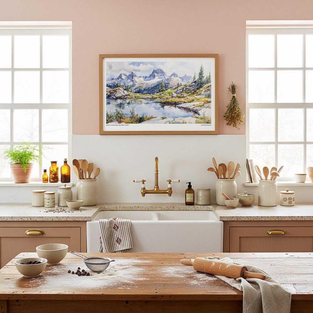 05 - Framed North Cascades National Park Watercolor - Horizontal Art Print in Farmhouse style Kitchen.jpg 05 - Framed North Cascades National Park Watercolor - Horizontal Art Print in Farmhouse style Kitchen.jpg