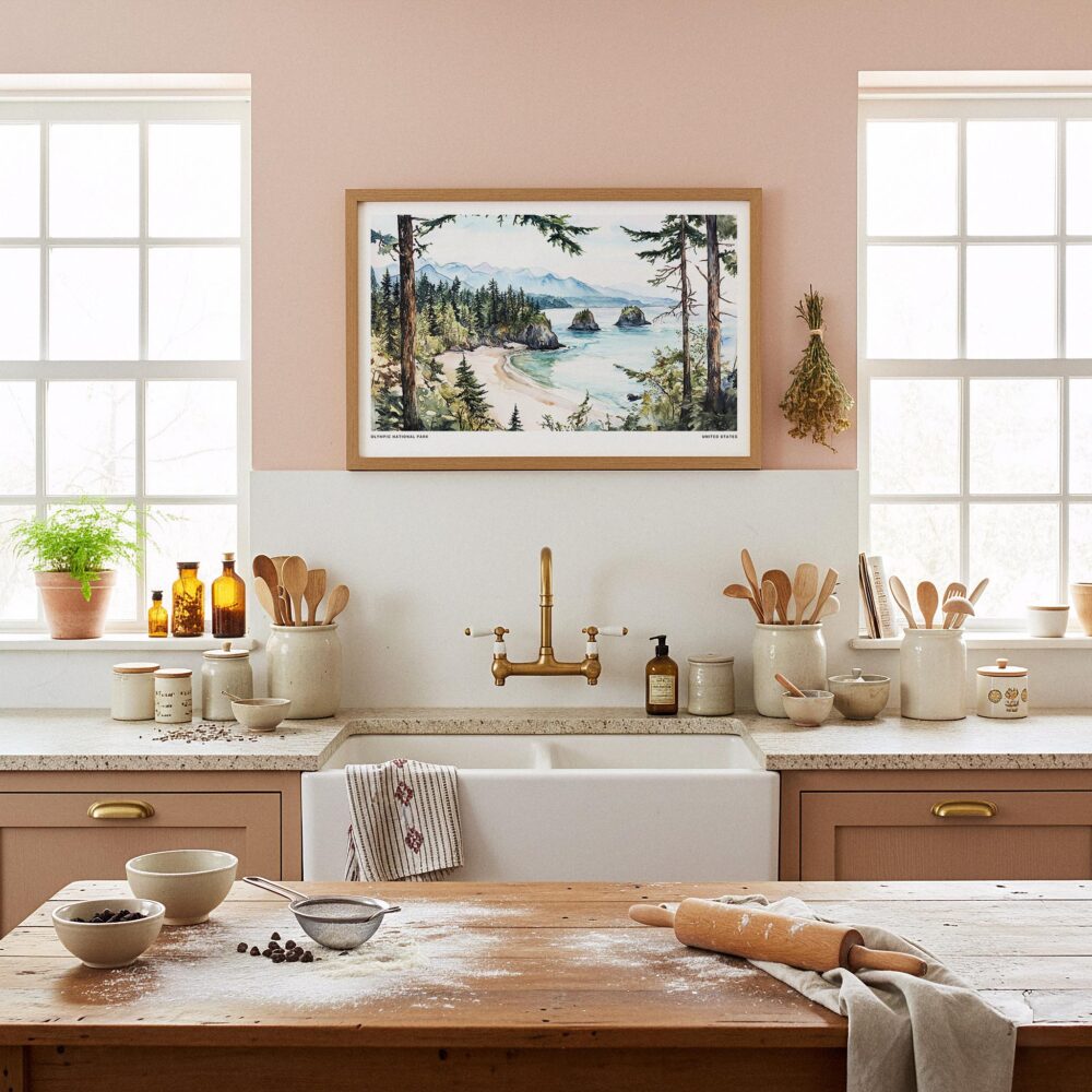 05 - Framed Olympic National Park Watercolor - Horizontal Art Print in Farmhouse style Kitchen.jpg 05 - Framed Olympic National Park Watercolor - Horizontal Art Print in Farmhouse style Kitchen.jpg