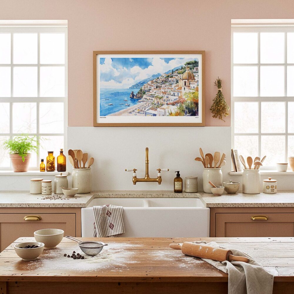 05 - Framed Positano Italy Watercolor Art - Horizontal Art Print in Farmhouse style Kitchen.jpg 05 - Framed Positano Italy Watercolor Art - Horizontal Art Print in Farmhouse style Kitchen.jpg