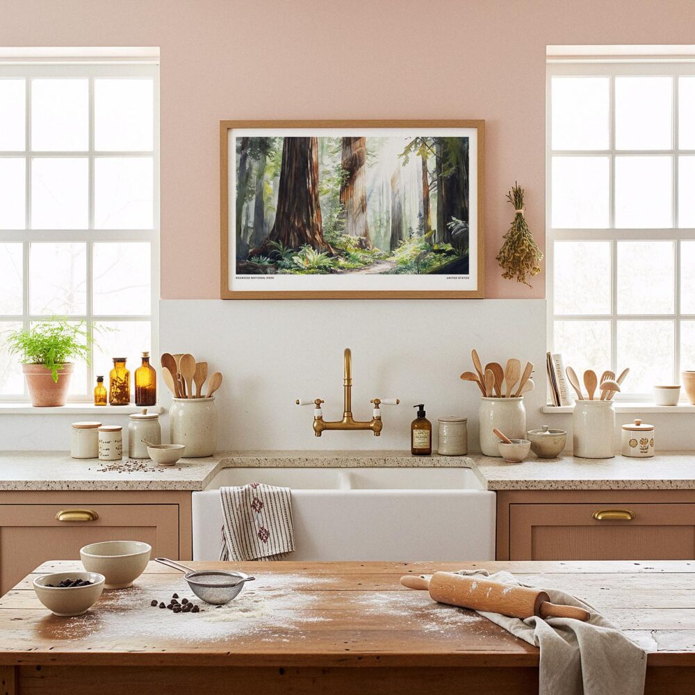 05 - Framed Redwood National Park Watercolor - Horizontal Art Print in Farmhouse style Kitchen.jpg 05 - Framed Redwood National Park Watercolor - Horizontal Art Print in Farmhouse style Kitchen.jpg