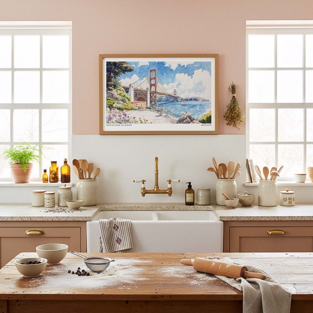 05 - Framed San Francisco Golden Gate Bridge Watercolor Art - Horizontal Art Print in Farmhouse style Kitchen.jpg 05 - Framed San Francisco Golden Gate Bridge Watercolor Art - Horizontal Art Print in Farmhouse style Kitchen.jpg