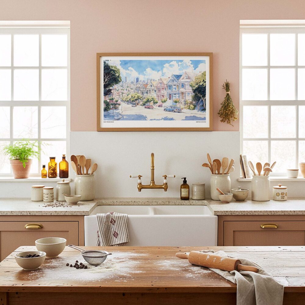 05 - Framed San Francisco Painted Ladies Watercolor Art - Horizontal Art Print in Farmhouse style Kitchen.jpg 05 - Framed San Francisco Painted Ladies Watercolor Art - Horizontal Art Print in Farmhouse style Kitchen.jpg