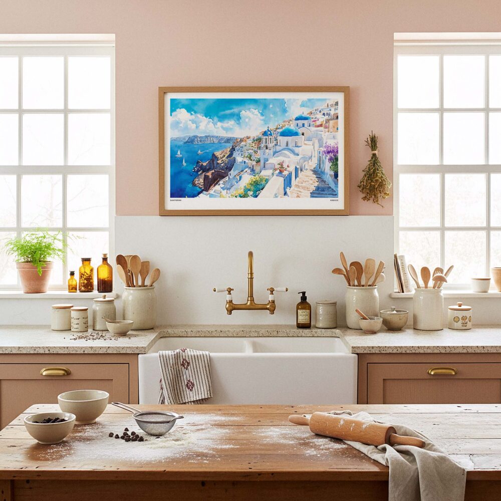 05 - Framed Santorini Blue Dome Church Watercolor Art - Horizontal Art Print in Farmhouse style Kitchen.jpg 05 - Framed Santorini Blue Dome Church Watercolor Art - Horizontal Art Print in Farmhouse style Kitchen.jpg