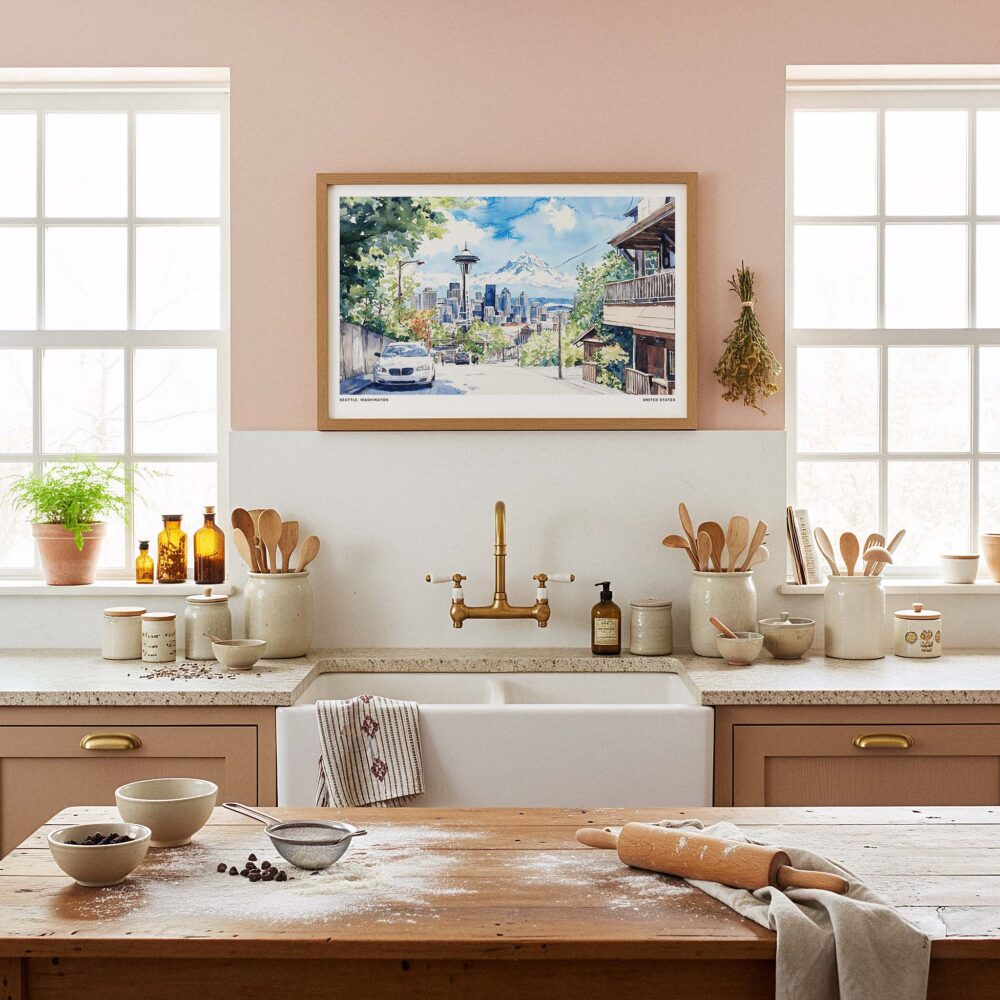 05 - Framed Seattle Skyline Watercolor Art - Horizontal Art Print in Farmhouse style Kitchen - Horizontal.jpg 05 - Framed Seattle Skyline Watercolor Art - Horizontal Art Print in Farmhouse style Kitchen - Horizontal.jpg