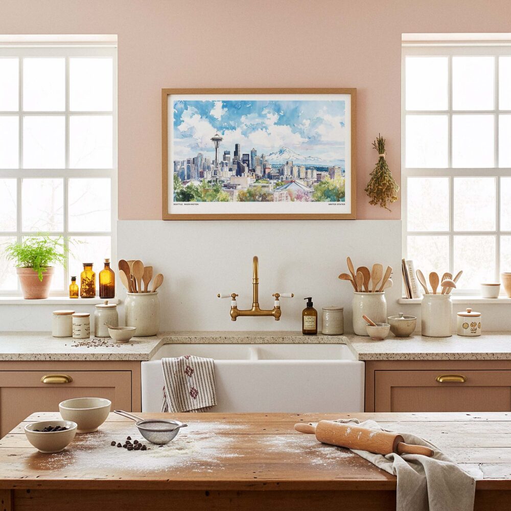 05 - Framed Seattle Skyline with Mount Rainier Watercolor Art - Horizontal Art Print in Farmhouse style Kitchen - Horizontal.jpg 05 - Framed Seattle Skyline with Mount Rainier Watercolor Art - Horizontal Art Print in Farmhouse style Kitchen - Horizontal.jpg