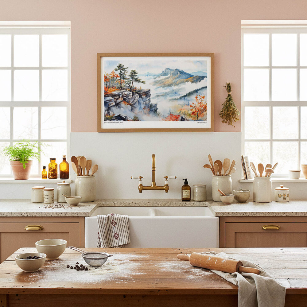 05 - Framed Shenandoah National Park Watercolor - Horizontal Art Print in Farmhouse style Kitchen.jpg 05 - Framed Shenandoah National Park Watercolor - Horizontal Art Print in Farmhouse style Kitchen.jpg