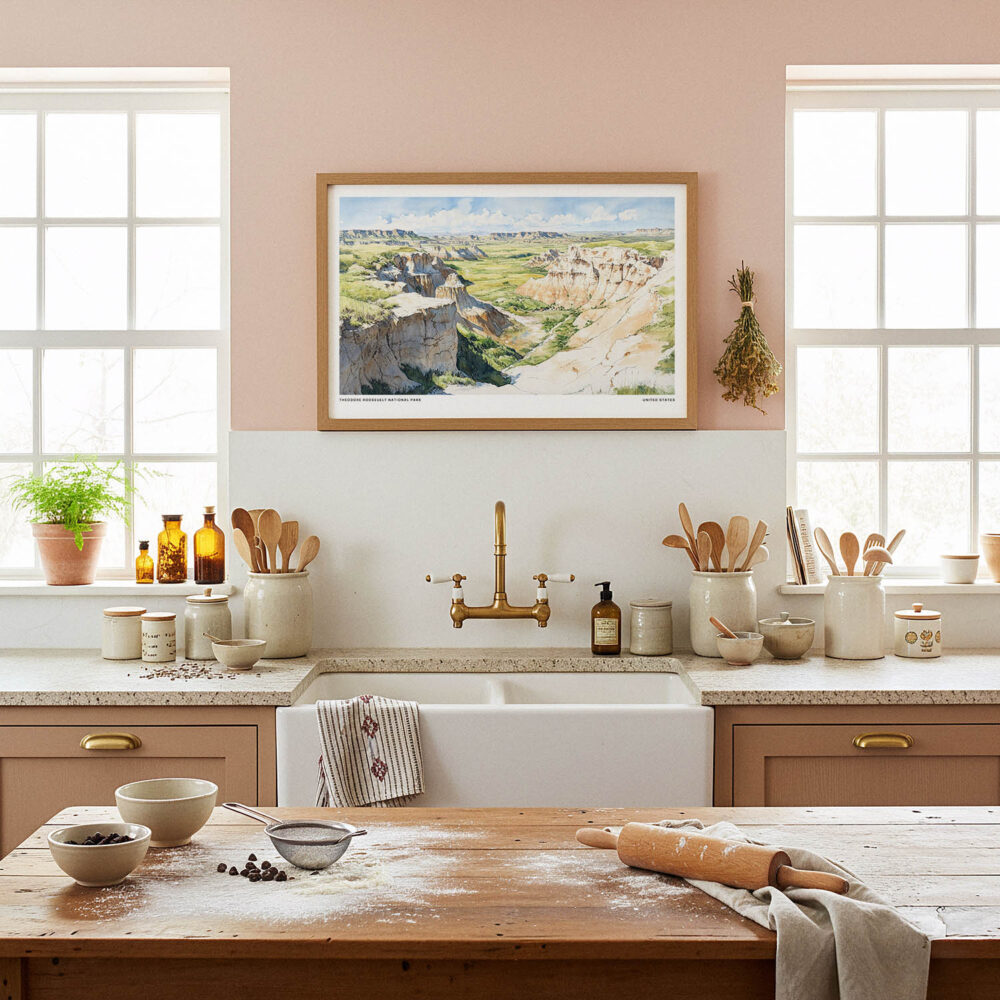 05 - Framed Theodore Roosevelt National Park Watercolor - Horizontal Art Print in Farmhouse style Kitchen.jpg 05 - Framed Theodore Roosevelt National Park Watercolor - Horizontal Art Print in Farmhouse style Kitchen.jpg