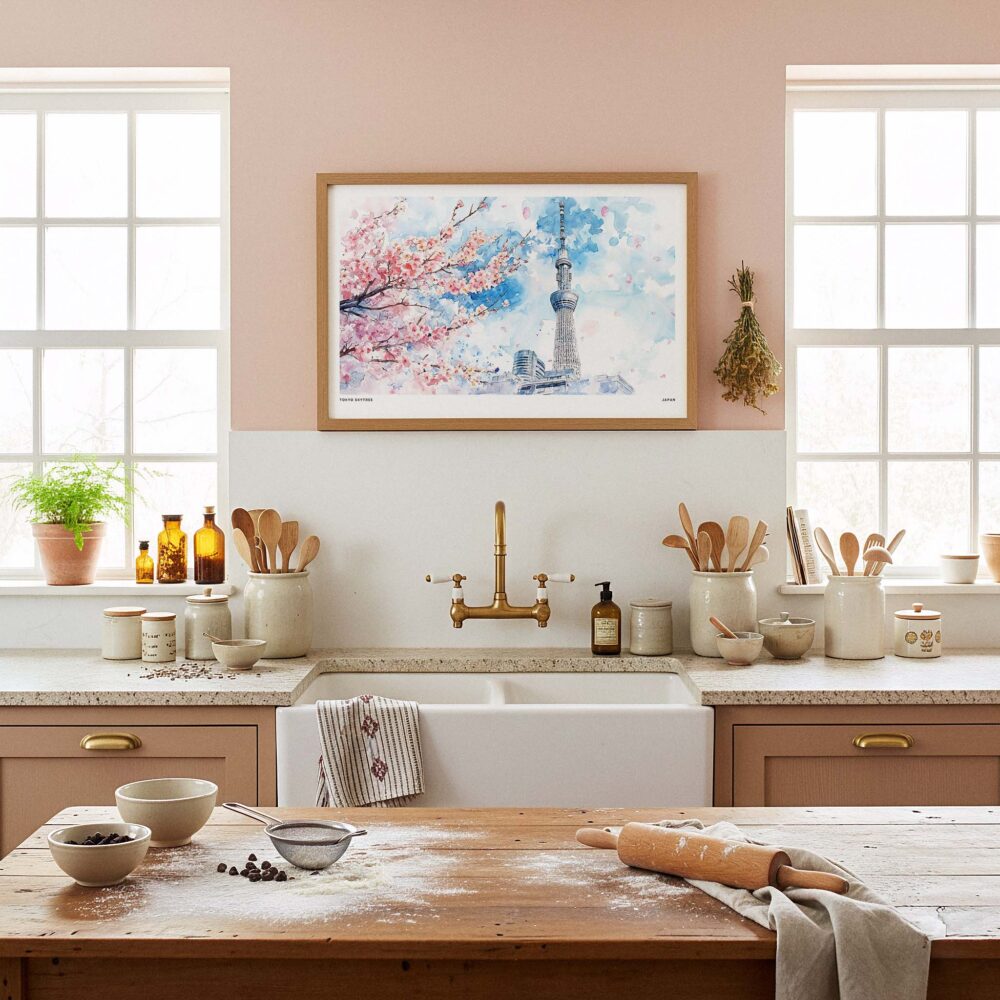 05 - Framed Tokyo Skytree During Sakura Season Watercolor Art - Horizontal Art Print in Farmhouse style Kitchen.jpg 05 - Framed Tokyo Skytree During Sakura Season Watercolor Art - Horizontal Art Print in Farmhouse style Kitchen.jpg
