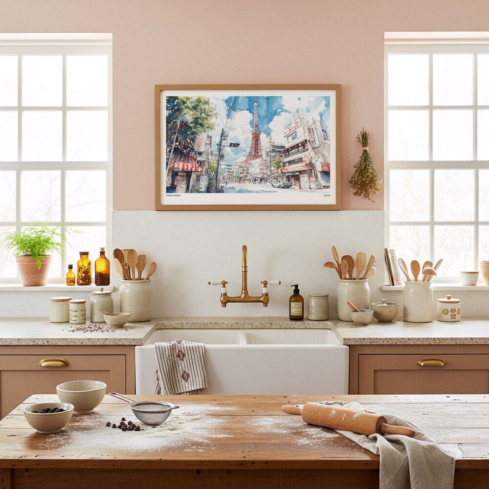 05 - Framed Tokyo Tower Watercolor Art - Horizontal Art Print in Farmhouse style Kitchen.jpg 05 - Framed Tokyo Tower Watercolor Art - Horizontal Art Print in Farmhouse style Kitchen.jpg