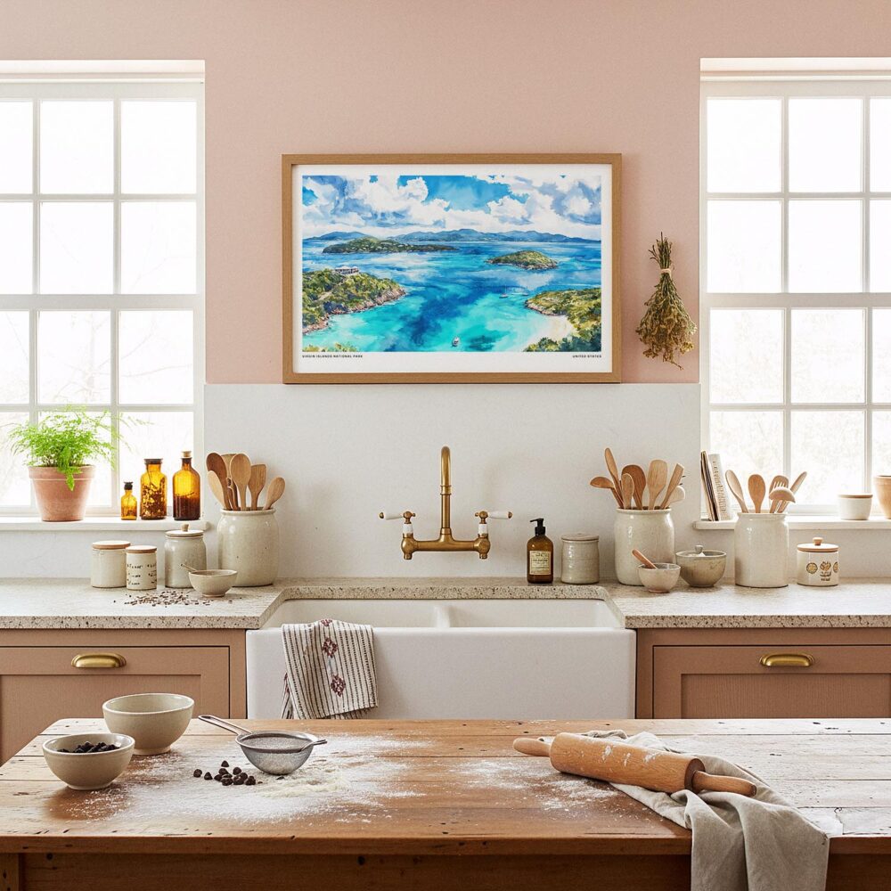 05 - Framed Virgin Islands National Park Watercolor - Horizontal Art Print in Farmhouse style Kitchen.jpg 05 - Framed Virgin Islands National Park Watercolor - Horizontal Art Print in Farmhouse style Kitchen.jpg