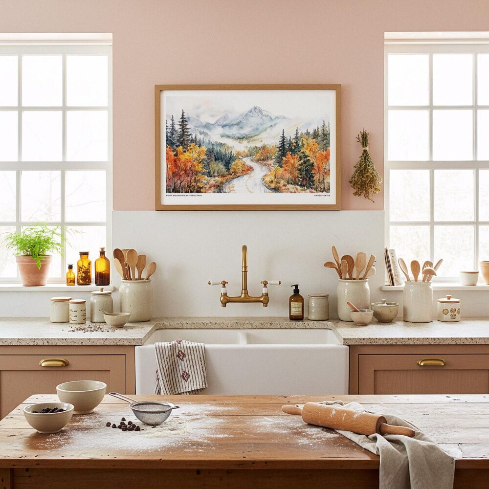 05 - Framed White Mountains National Park Watercolor - Horizontal Art Print in Farmhouse style Kitchen.jpg 05 - Framed White Mountains National Park Watercolor - Horizontal Art Print in Farmhouse style Kitchen.jpg