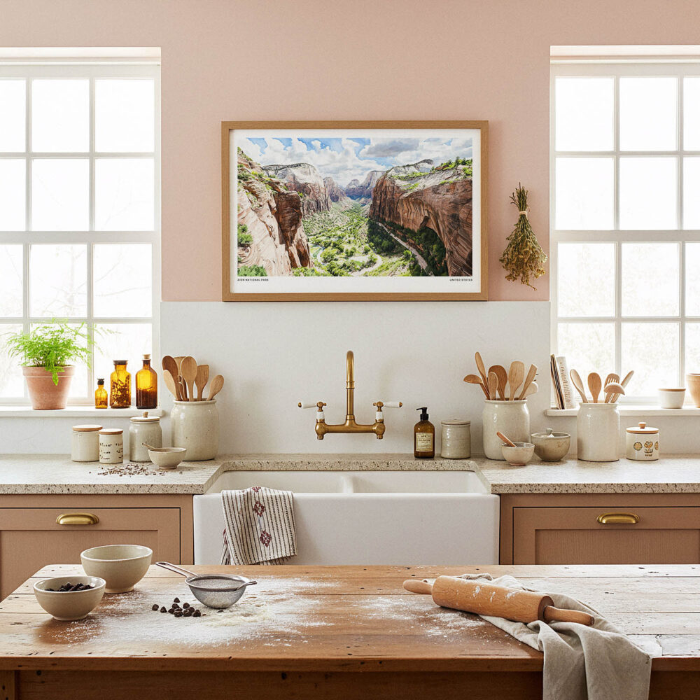 05 - Framed Zion National Park Watercolor - Horizontal Art Print in Farmhouse style Kitchen.jpg 05 - Framed Zion National Park Watercolor - Horizontal Art Print in Farmhouse style Kitchen.jpg