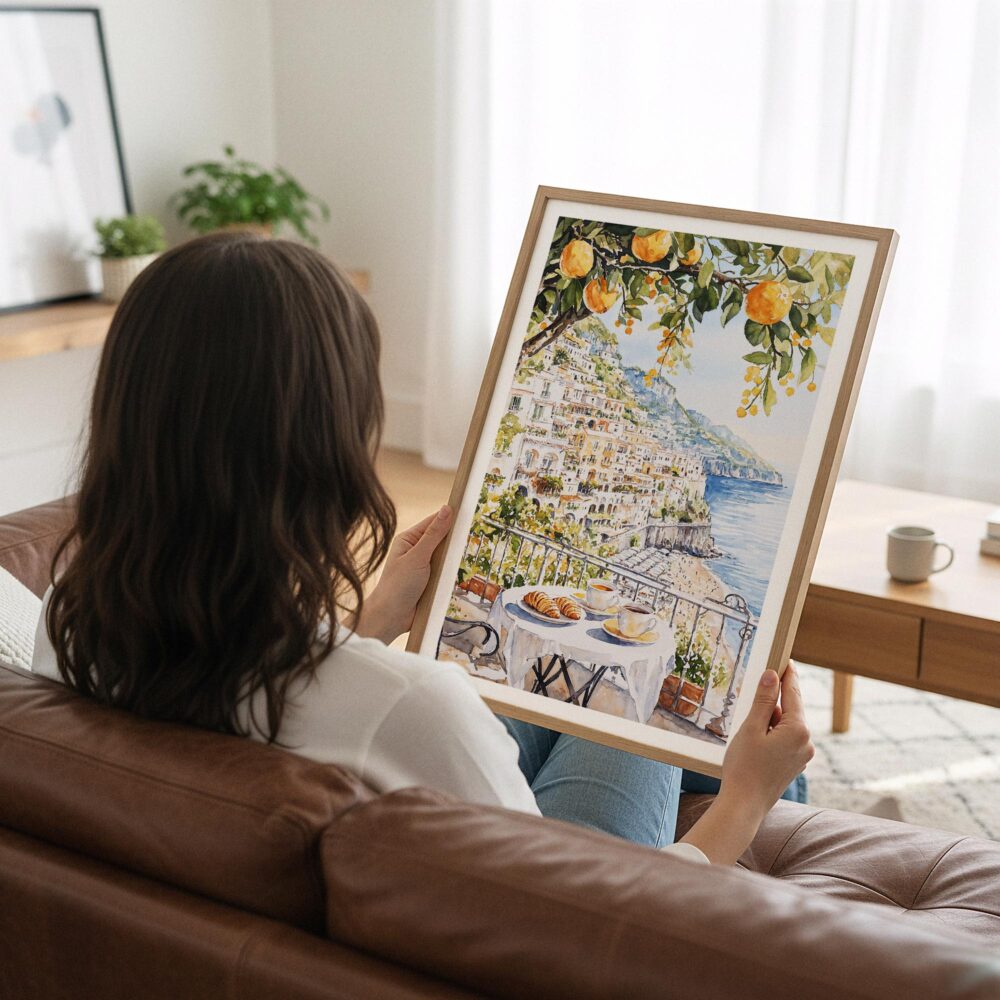 05 - Woman Holding Framed Morning Coffee in Amalfi Coast Watercolor Art Print - Vertical.jpg 05 - Woman Holding Framed Morning Coffee in Amalfi Coast Watercolor Art Print - Vertical.jpg