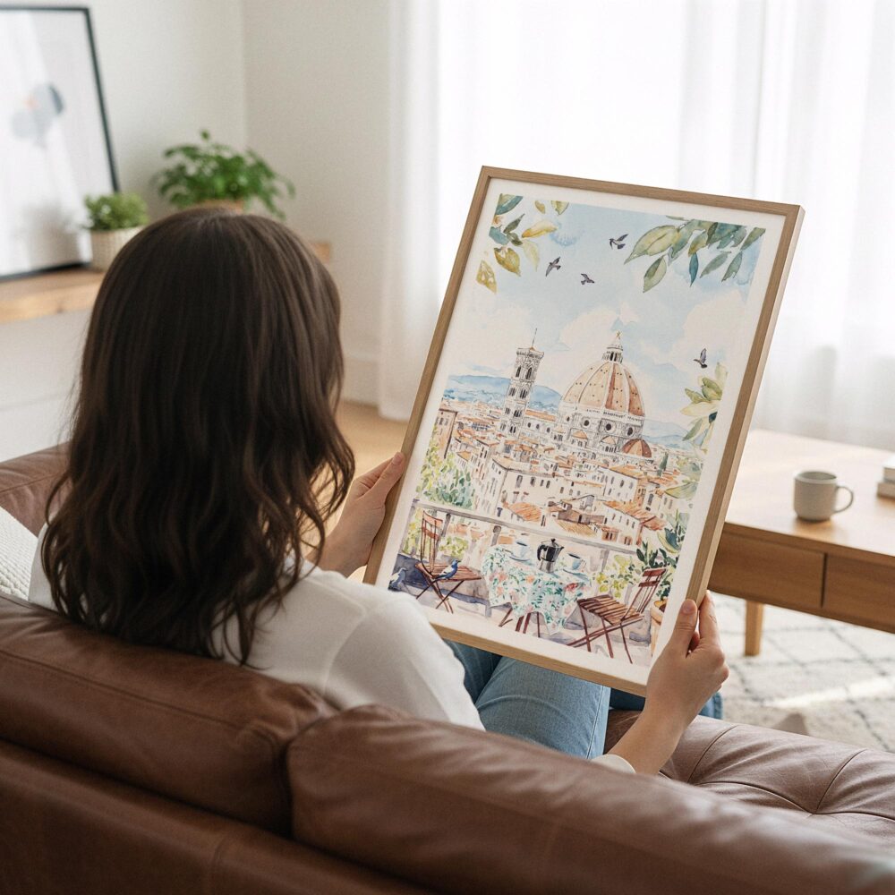 05 - Woman Holding Framed Morning Coffee in Florence Watercolor Art Print - Vertical.jpg 05 - Woman Holding Framed Morning Coffee in Florence Watercolor Art Print - Vertical.jpg