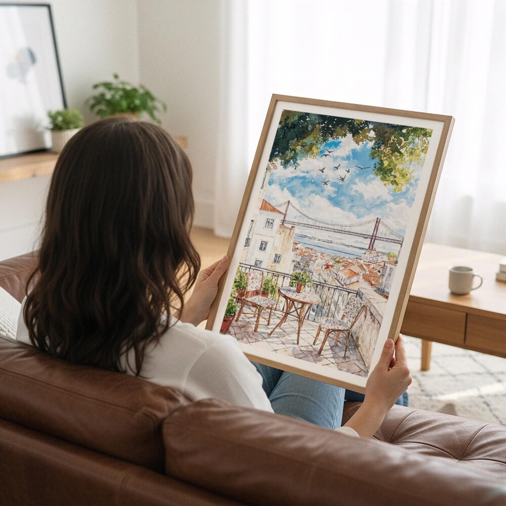 05 - Woman Holding Framed Morning Coffee in Lisbon Watercolor Art Print - Vertical.jpg 05 - Woman Holding Framed Morning Coffee in Lisbon Watercolor Art Print - Vertical.jpg