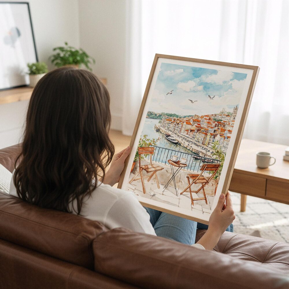 05 - Woman Holding Framed Morning Coffee in Porto Watercolor Art Print - Vertical.jpg 05 - Woman Holding Framed Morning Coffee in Porto Watercolor Art Print - Vertical.jpg