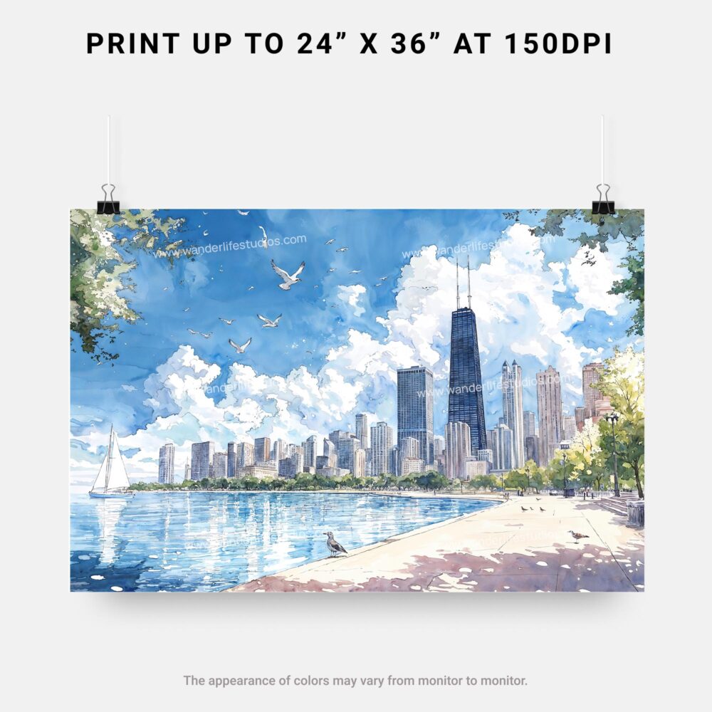 07 - Chicago Skyline Watercolor Art - Horizontal Art - Digital Download - Print Size .jpg 07 - Chicago Skyline Watercolor Art - Horizontal Art - Digital Download - Print Size .jpg