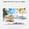 07 - Lisbon Portugal Yellow Tram Watercolor Art - Horizontal Art - Digital Download - Print Size .jpg