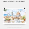 07 - Morning Coffee in Florence Italy with Cathedral Watercolor Art - Horizontal Art - Digital Download - Print Size .jpg