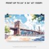 07 - NYC Brooklyn Bridge Watercolor Art - Horizontal Art - Digital Download - Print Size .jpg