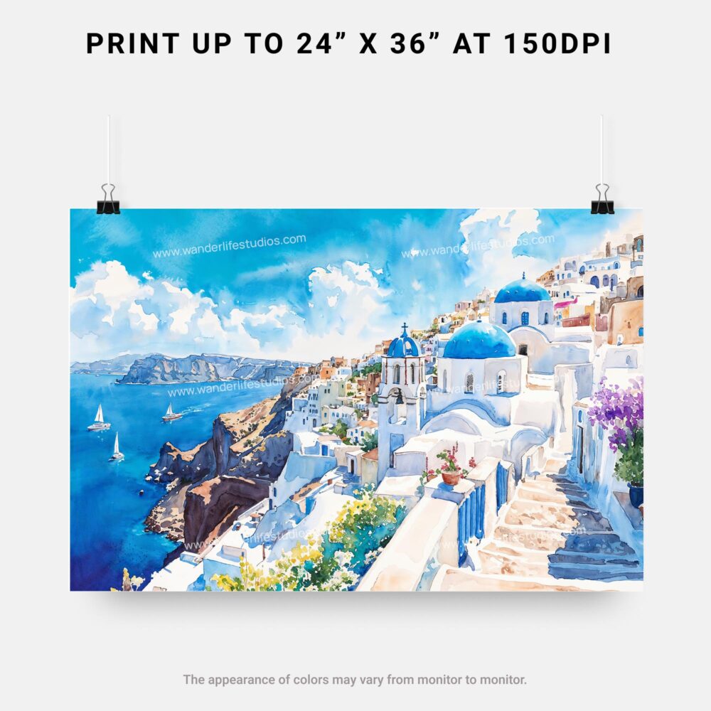 07 - Santorini Blue Dome Church Watercolor Art - Horizontal Art - Digital Download - Print Size .jpg 07 - Santorini Blue Dome Church Watercolor Art - Horizontal Art - Digital Download - Print Size .jpg