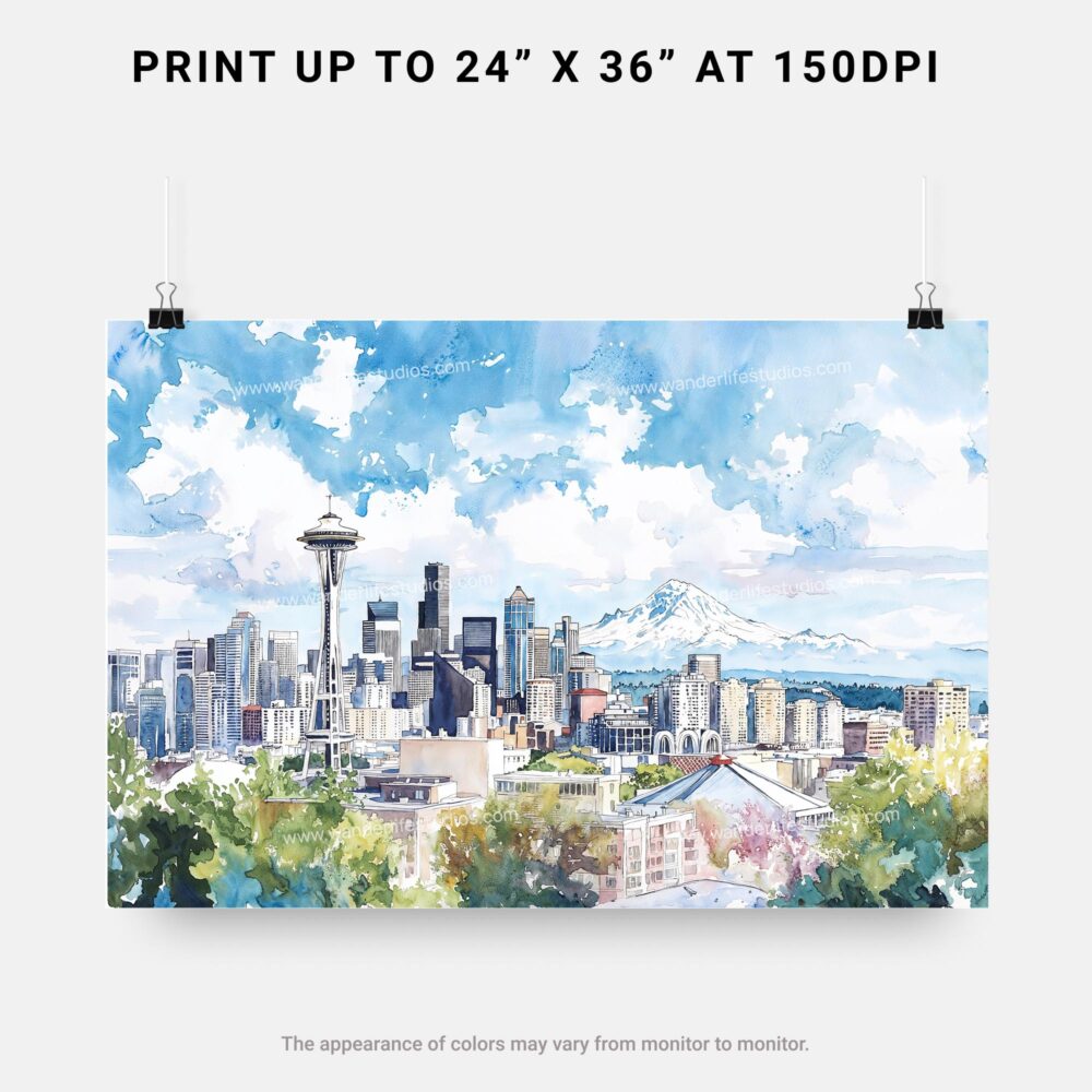07 - Seattle Skyline with Mount Rainier Watercolor Art - Horizontal Art - Digital Download - Print Size .jpg 07 - Seattle Skyline with Mount Rainier Watercolor Art - Horizontal Art - Digital Download - Print Size .jpg