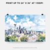 07 - Seattle Skyline with Mount Rainier Watercolor Art - Horizontal Art - Digital Download - Print Size .jpg