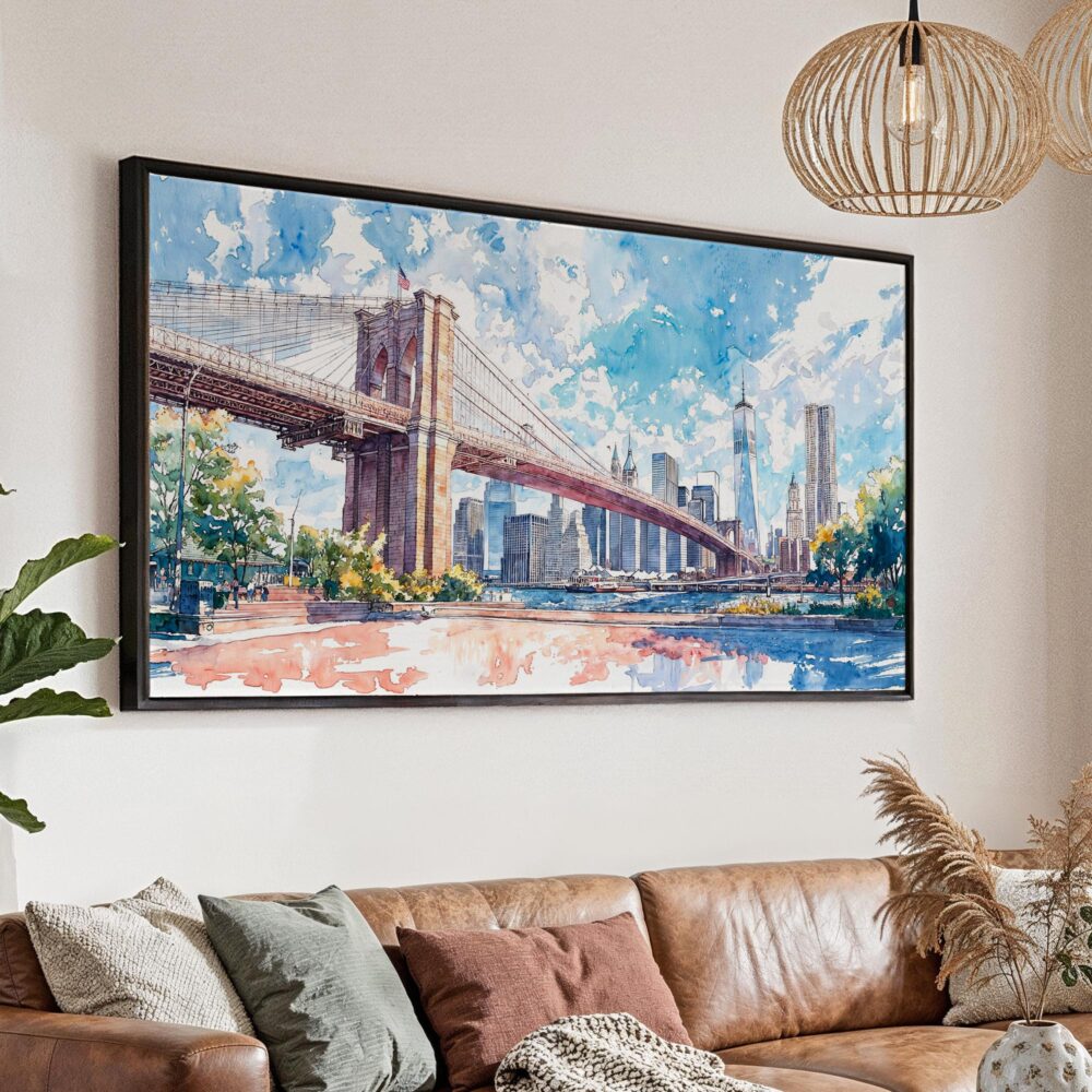 00 - Framed Brooklyn Bridge Watercolor Panorama Canvas Print - Main.jpg