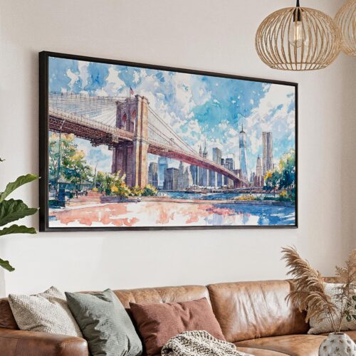 00 - Framed Brooklyn Bridge Watercolor Panorama Canvas Print - Main.jpg