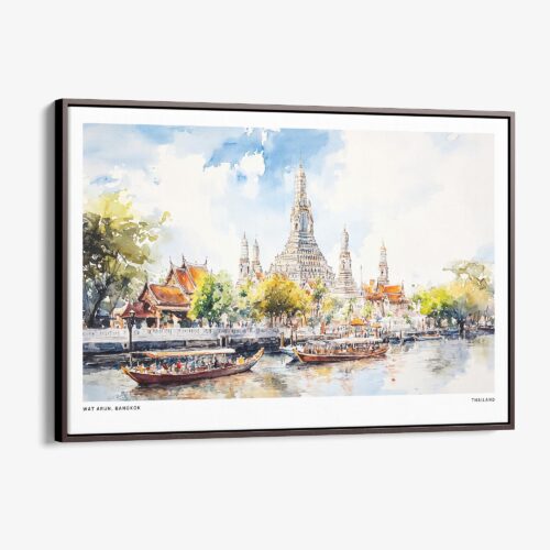 01 - 00 - Framed Bangkok Wat Arun Temple of Dawn Watercolor - Horizontal Canvas Print - Main.jpg