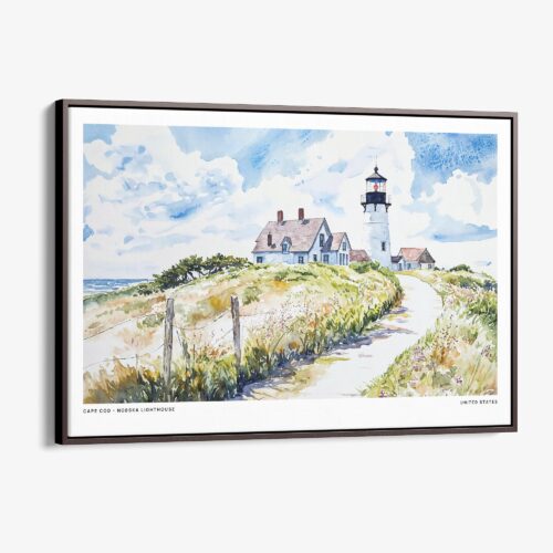 01 - 00 - Framed Cape Cod Nobska Lighthouse Watercolor - Horizontal Canvas Print - Main.jpg